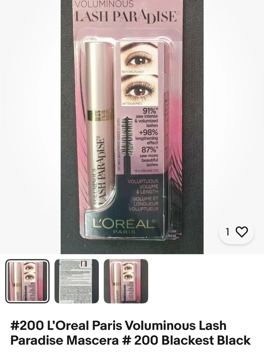 L'Oreal Voluminous Lash Paradise Mascara - Black 200 blackest black.